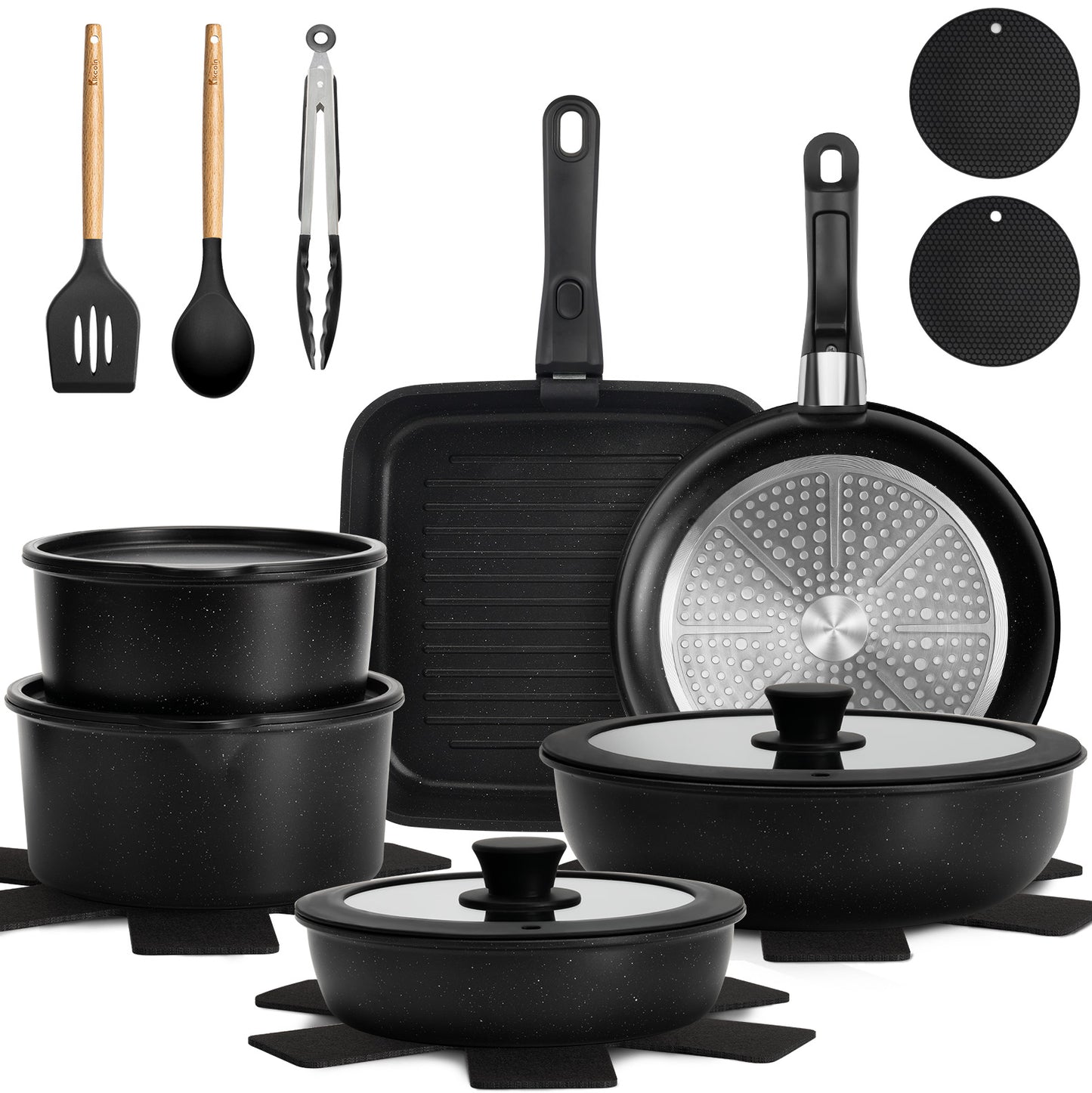 πππππππΎπ 22 Pcs Pots and Pans Set Non Stick, Detachable Handle Cookware Sets Nonstick, Non Toxic Induction RV Kitchen Cooking Set with Removable Handles, Dishwasher/Oven Safe (Black)