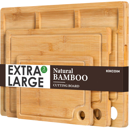 Bamboo Cutting Boards for Kitchen, (Set of 3) Kitchen Chopping Board with 3 Built-In Compartments and Juice Groove Heavy Duty Serving Tray Wood Butcher Block and Wooden Carving Board, Kikcoin