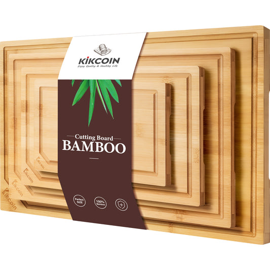 Kikcoin Bamboo Cutting Board, 4 Pcs Extra Large Wood Cutting Boards for Kitchen, Deep Juice Groove Serving Tray
