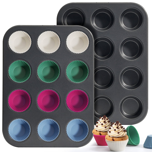 Kikcoin 2 Pack Muffin Baking Pan Set, Carbon Steel Non-stick Bakeware Set, 12-Cup Baking Sheets with 24 Silicone Cups, Round Cup Cake Oven Safe up to 446℉