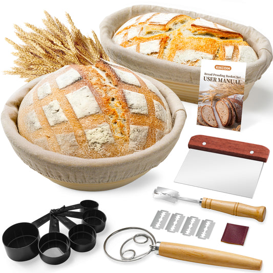 Kikcoin Bread Proofing Basket, Banneton Bread Proofing Basket Set of 2, Round 9" and Oval 10" Bread Bowl with Linen Liner, Bread Lame with 5 Blades