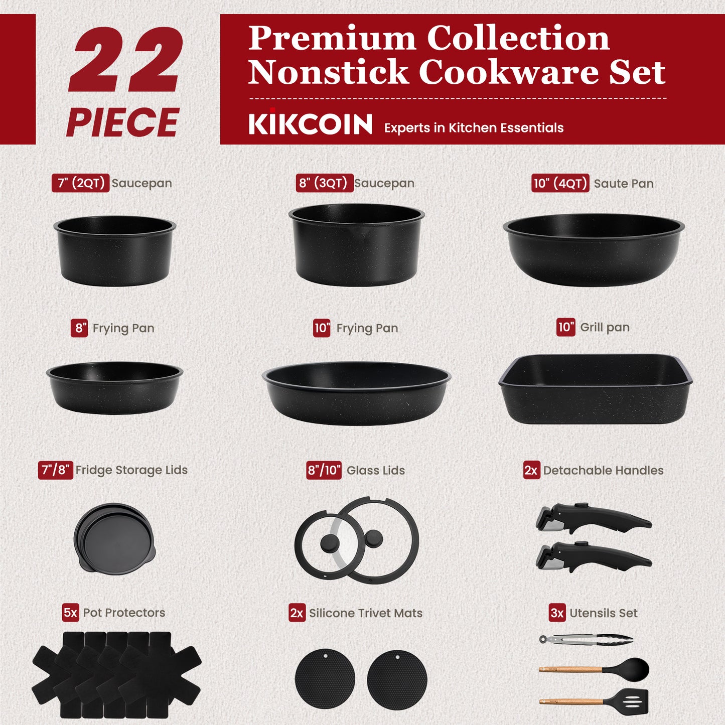 πππππππΎπ 22 Pcs Pots and Pans Set Non Stick, Detachable Handle Cookware Sets Nonstick, Non Toxic Induction RV Kitchen Cooking Set with Removable Handles, Dishwasher/Oven Safe (Black)