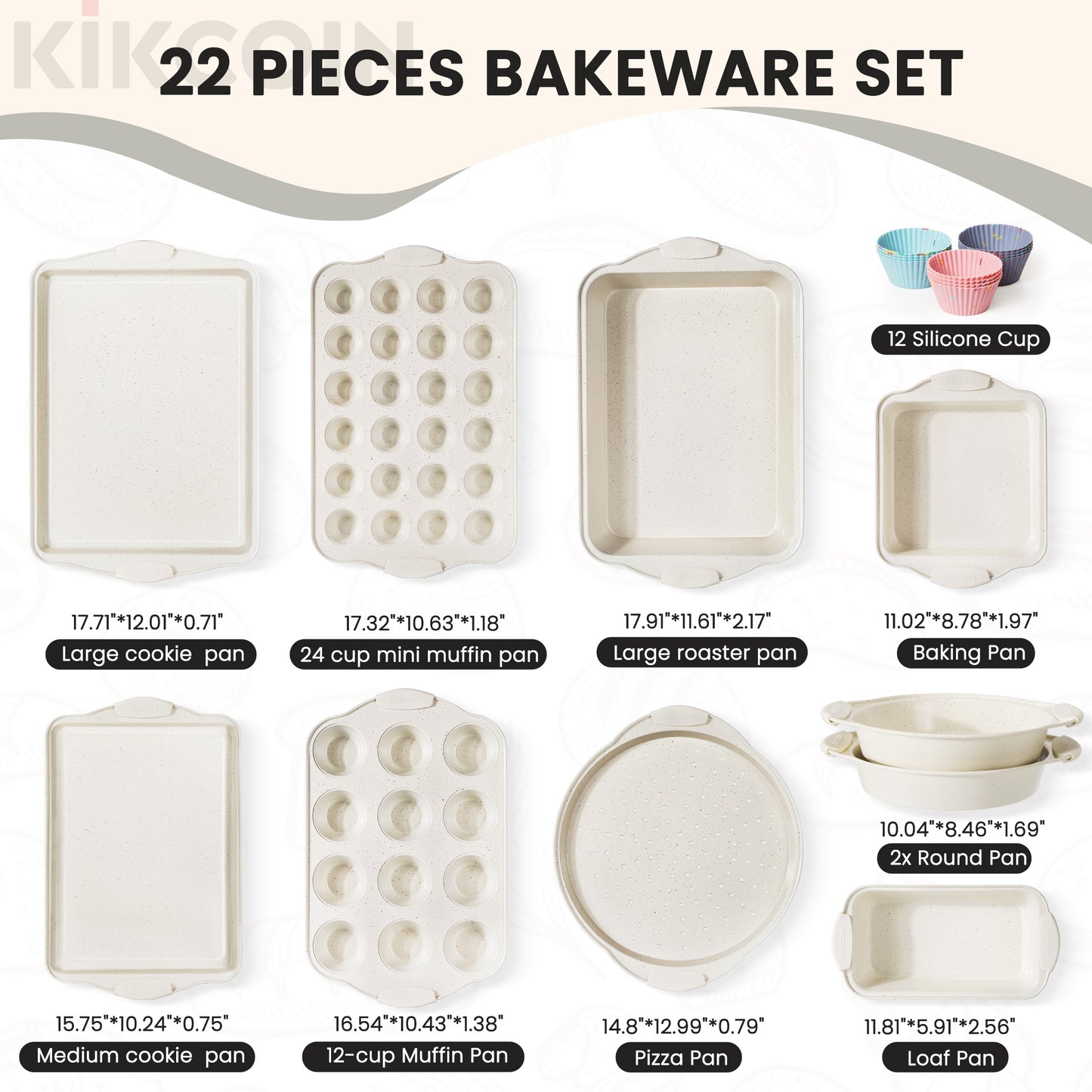 Kikcoin 22-piece Kitchen Bakeware Set, Nonstick Coating Baking Sheet Pans with Silicone Handles, Cookie Sheets for Baking(Beige)