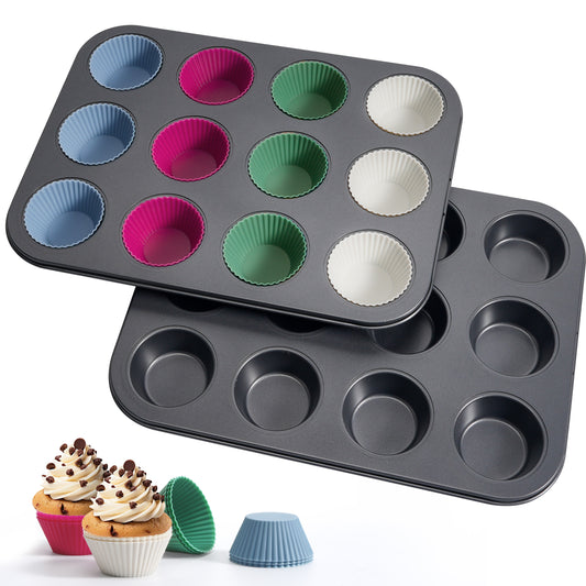 Kikcoin 2 Pack Muffin Baking Pan Set, Carbon Steel Non-stick Bakeware Set, 12-Cup Baking Sheets with 24 Silicone Cups, Round Cup Cake Oven Safe up to 446℉