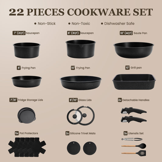22 Pack Nonstick Pots and Pans Set, KIKCOIN Cookware Set with Detachable Handle, Kitchen Cooking Pans Set with Frying Pan, Grill Pan - Stackable for RV Kitchen, Induction Ready, Dishwasher/Oven Safe