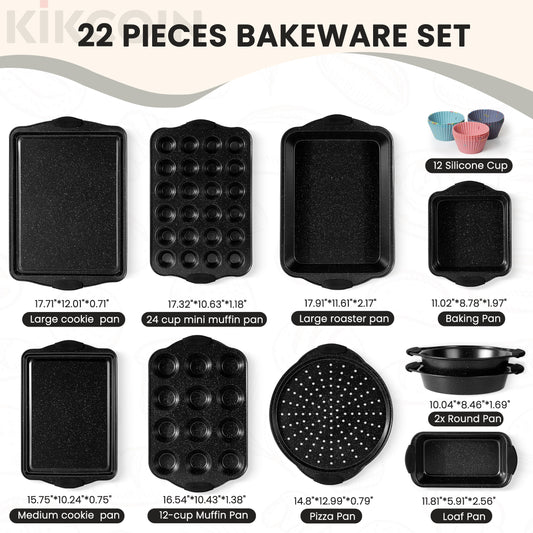 Kikcoin 22-piece Kitchen Bakeware Set, Nonstick Coating Baking Sheet Pans with Silicone Handles, Cookie Sheets for Baking(Black)