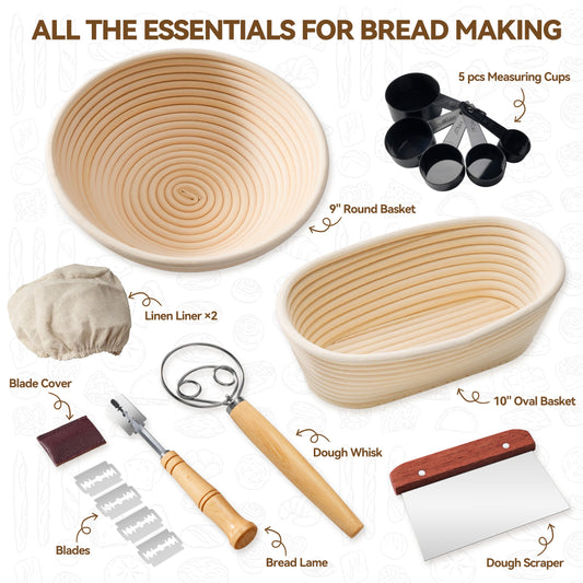 Kikcoin Bread Proofing Basket, Banneton Bread Proofing Basket Set of 2, Round 9" and Oval 10" Bread Bowl with Linen Liner, Bread Lame with 5 Blades