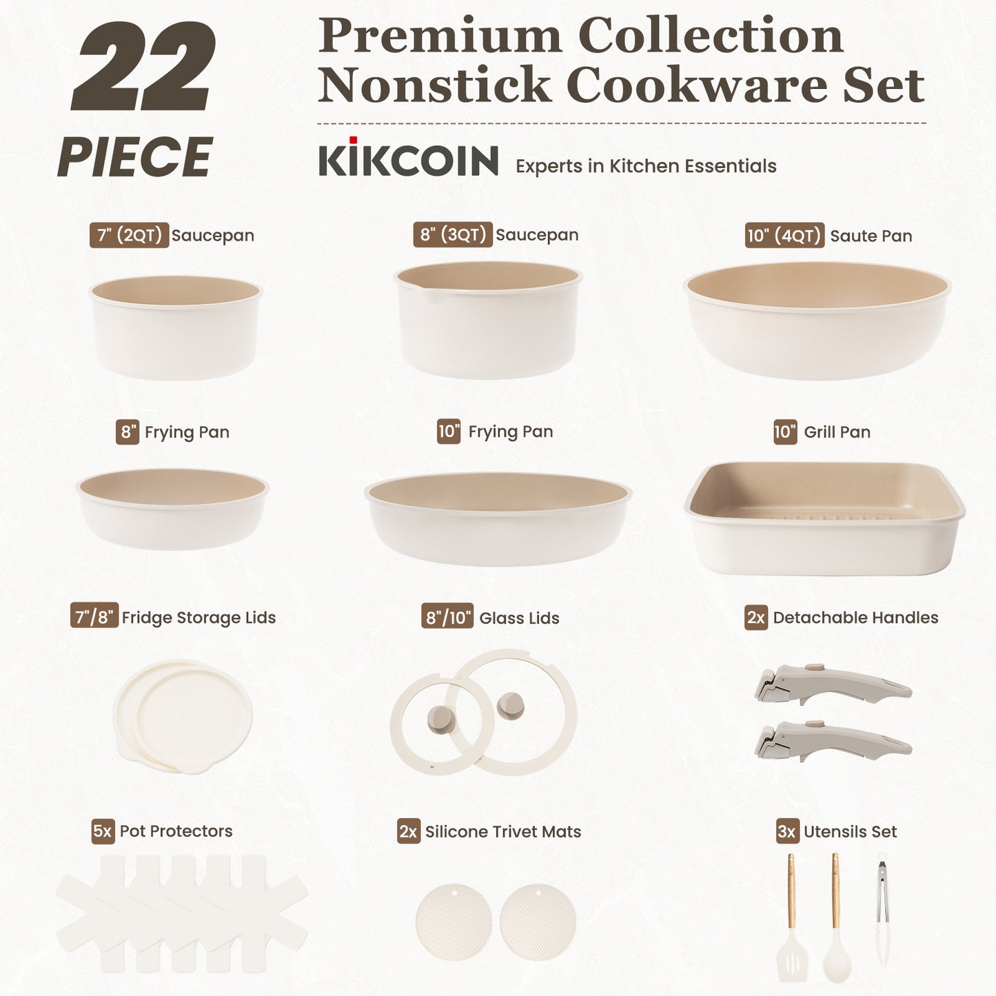 πππππππΎπ 22 Pcs Pots and Pans Set Non Stick, Detachable Handle Cookware Sets Nonstick, Non Toxic Induction RV Kitchen Cooking Set with Removable Handles, Dishwasher/Oven Safe (Beige/Taupe)