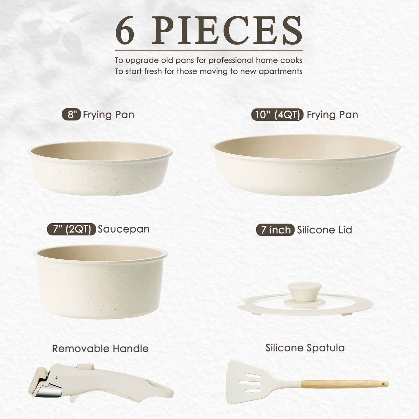 Kikcoin Pots and Pans Set, 6 Pcs Nontoxic Cookware Set for Kitchen, Detachable Handle Dishwasher/Oven Safe, Cream White