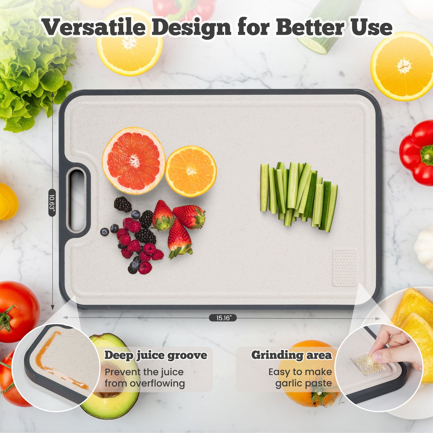 Kikcoin Stainless Steel Cutting Board, Plastic Double-sized Cutting Board for Kitchen, with Grinding Area & Juice Groove