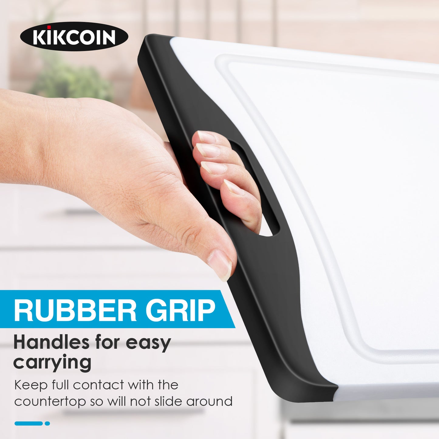 Kikcoin Extra Large Cutting Boards Set of 3, Plastic Chopping Boards with Juice Grooves, Rubber Grip Handle for Kitchen, Black