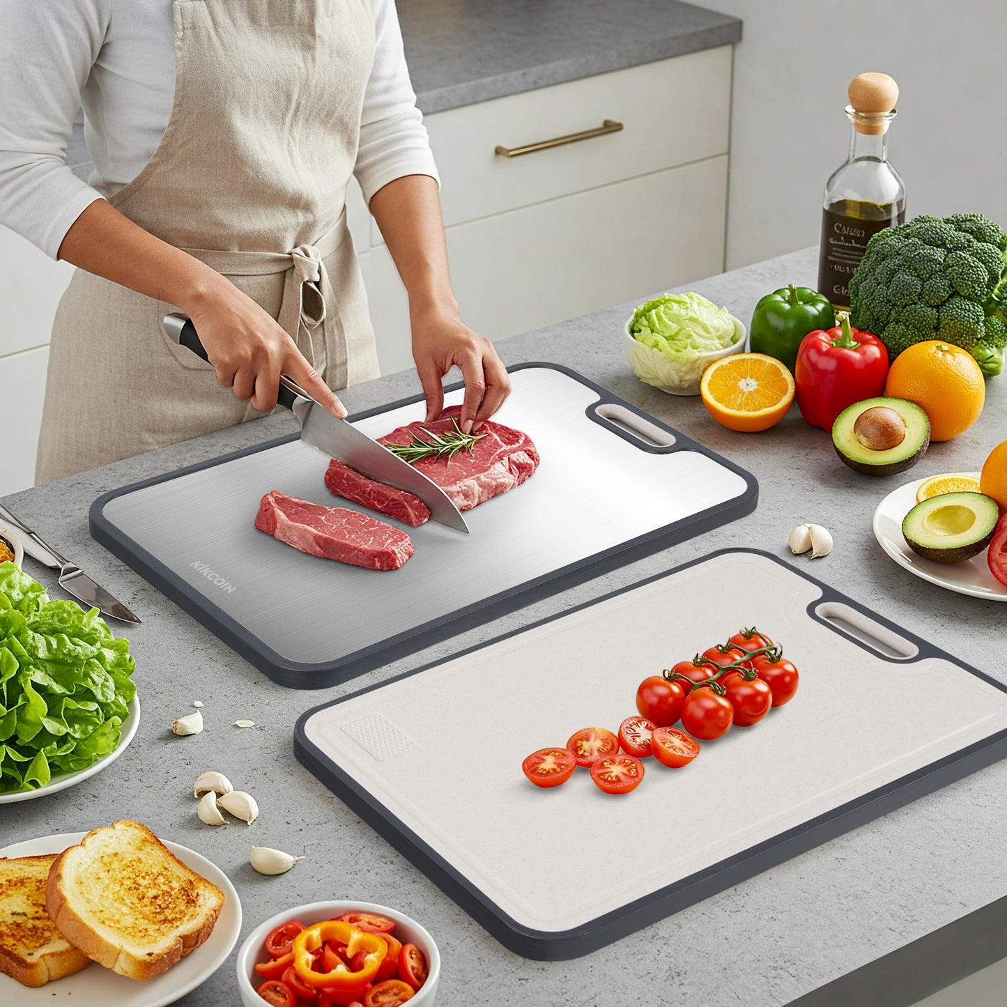 Kikcoin Stainless Steel Cutting Board, Plastic Double-sized Cutting Board for Kitchen, with Grinding Area & Juice Groove