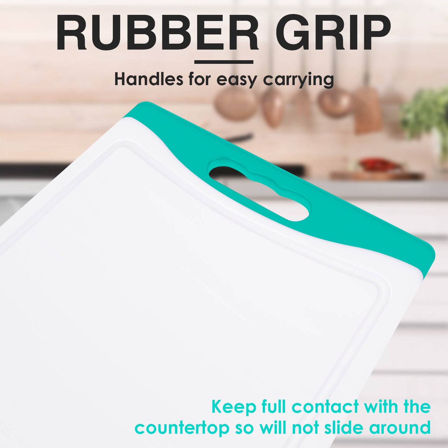 Kikcoin Extra Large Cutting Boards Set of 3, Plastic Chopping Boards with Juice Grooves, Rubber Grip Handle for Kitchen, Turquoise