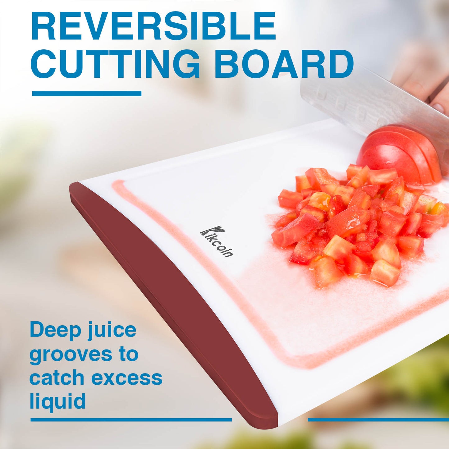 Kikcoin Extra Large Cutting Boards Set of 3, Plastic Chopping Boards with Juice Grooves,  Rubber Grip Handle for Kitchen, Red