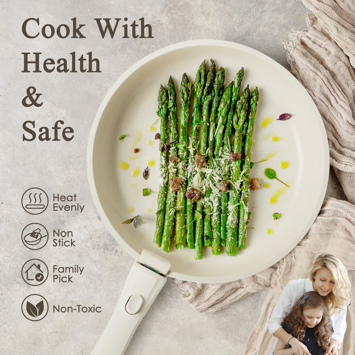 Kikcoin Pots and Pans Set, 6 Pcs Nontoxic Cookware Set for Kitchen, Detachable Handle Dishwasher/Oven Safe, Cream White