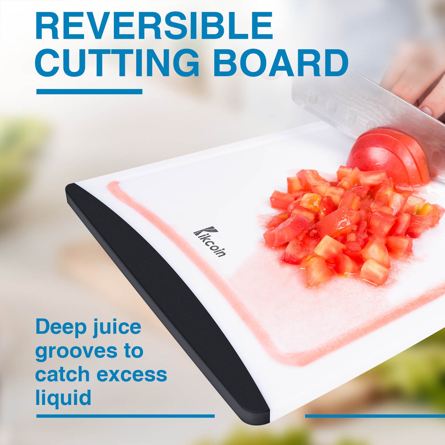 Kikcoin Extra Large Cutting Boards Set of 3, Plastic Chopping Boards with Juice Grooves, Rubber Grip Handle for Kitchen, Black