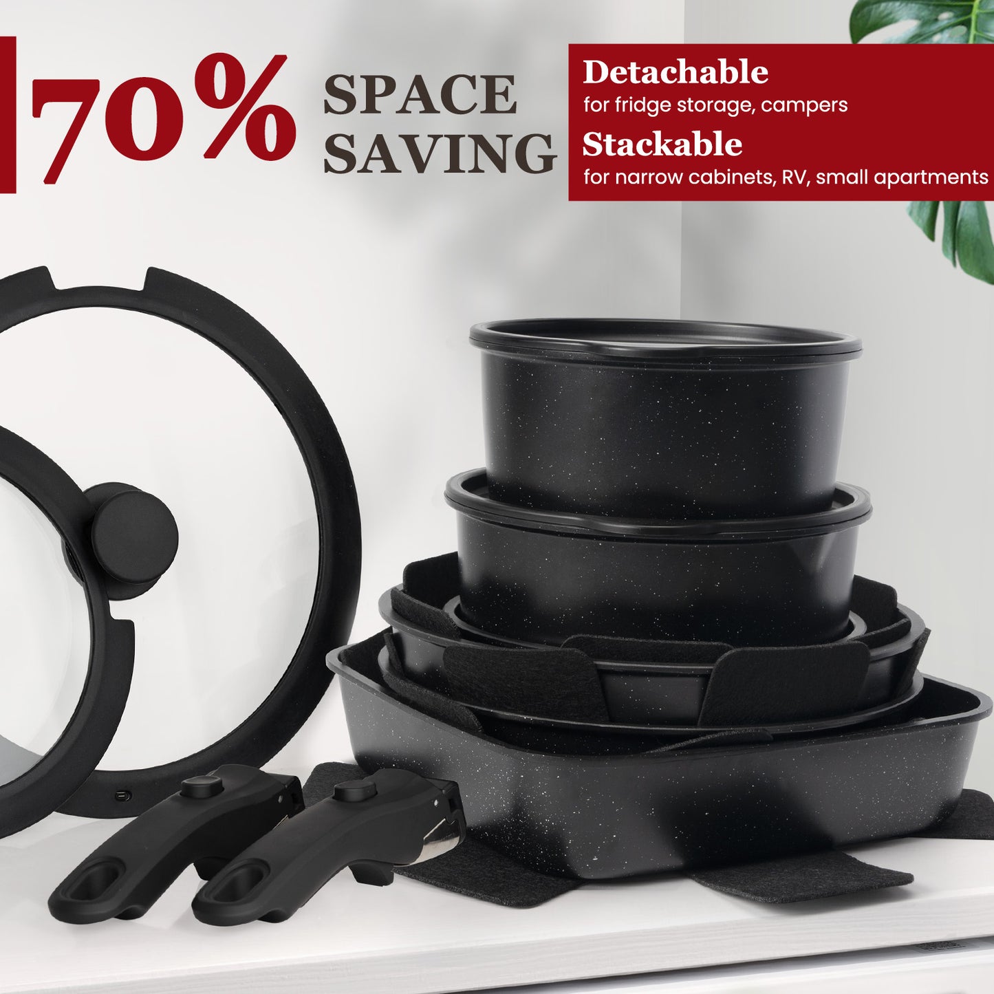 πππππππΎπ 22 Pcs Pots and Pans Set Non Stick, Detachable Handle Cookware Sets Nonstick, Non Toxic Induction RV Kitchen Cooking Set with Removable Handles, Dishwasher/Oven Safe (Black)