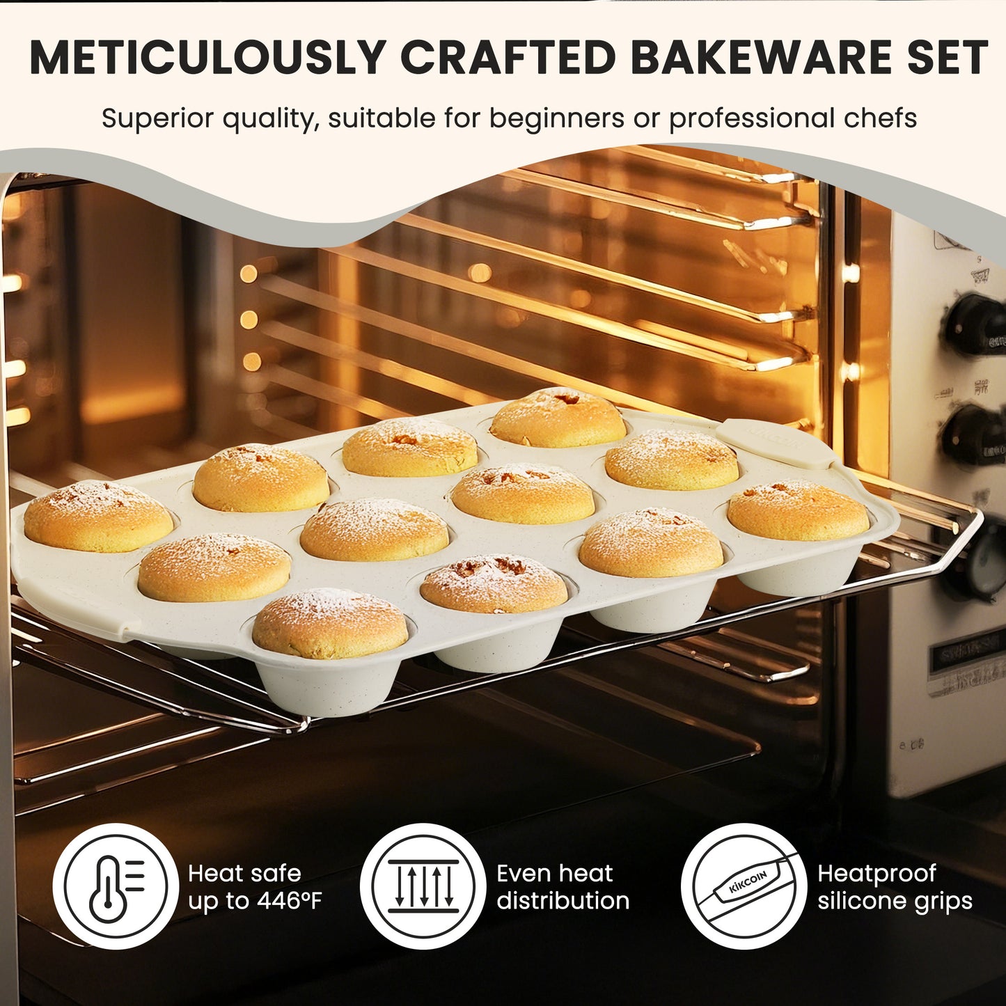 Kikcoin 22-piece Kitchen Bakeware Set, Nonstick Coating Baking Sheet Pans with Silicone Handles, Cookie Sheets for Baking(Beige)