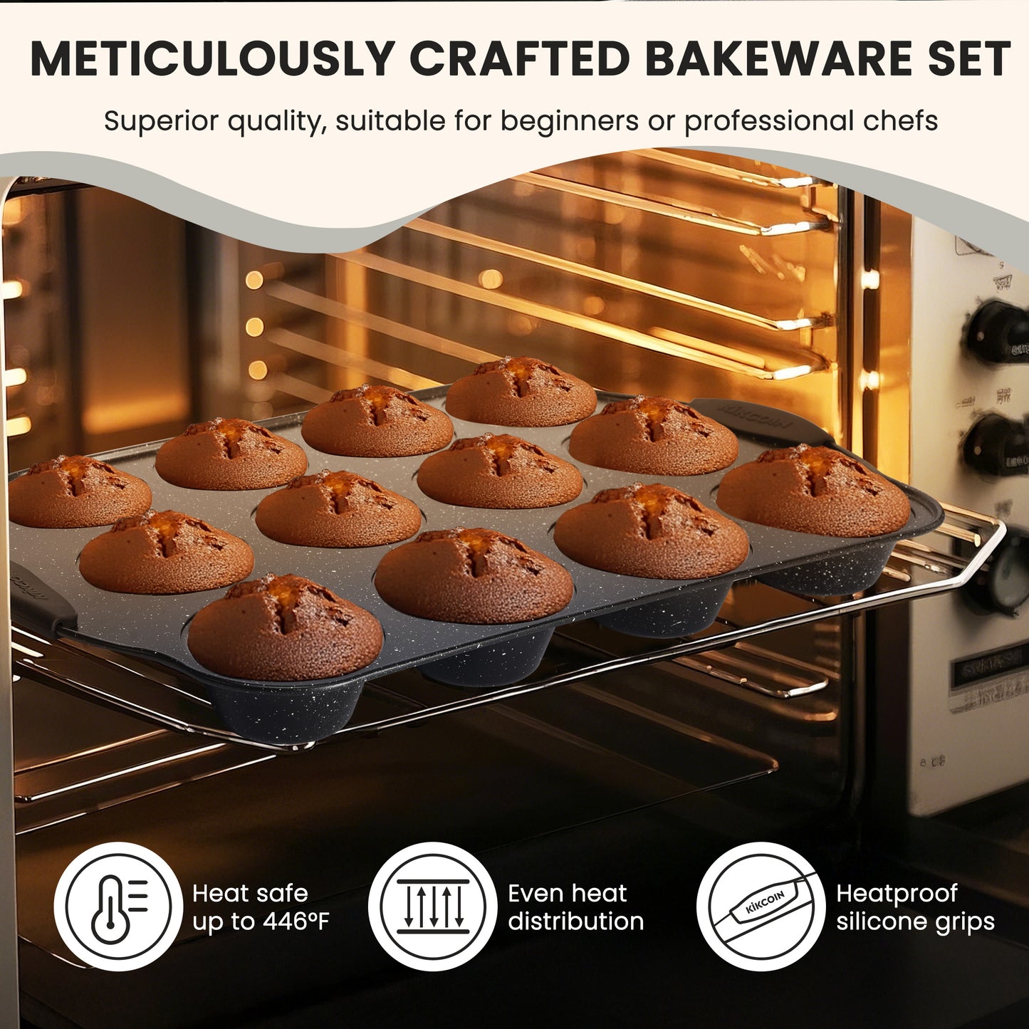 Kikcoin 22-piece Kitchen Bakeware Set, Nonstick Coating Baking Sheet Pans with Silicone Handles, Cookie Sheets for Baking(Black)