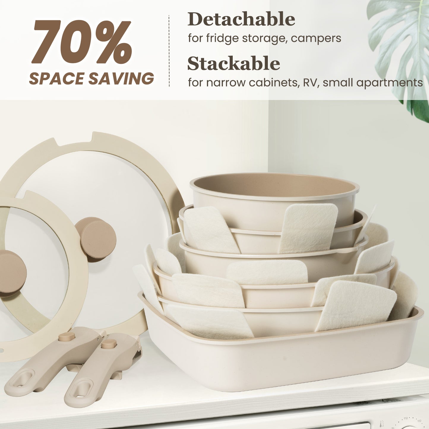 πππππππΎπ 22 Pcs Pots and Pans Set Non Stick, Detachable Handle Cookware Sets Nonstick, Non Toxic Induction RV Kitchen Cooking Set with Removable Handles, Dishwasher/Oven Safe (Beige/Taupe)