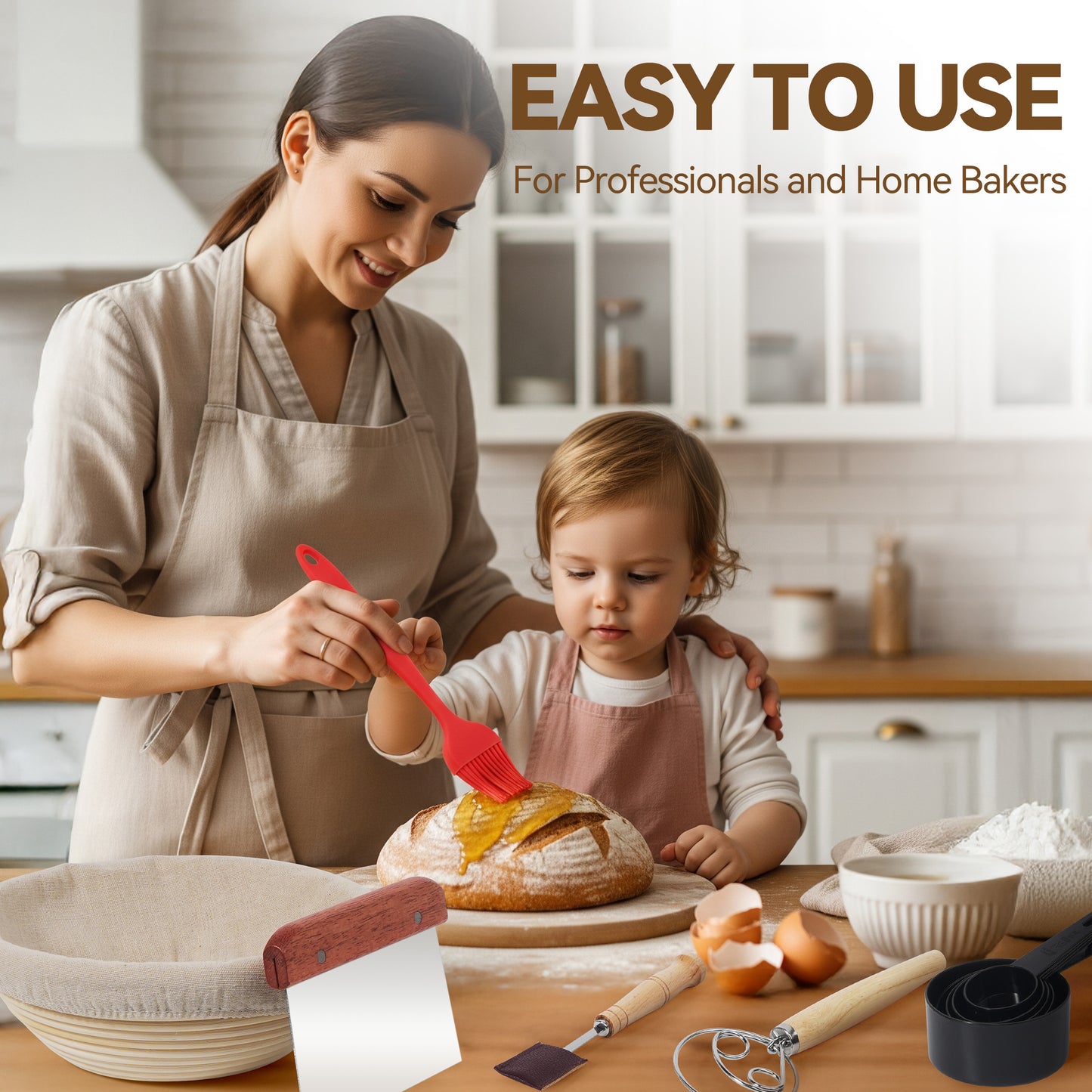 Kikcoin Bread Proofing Basket, 9 Inch Round Sourdough Proofing Basket with Linen Liner, Bread Lame and Dough Whisk for Kitchen