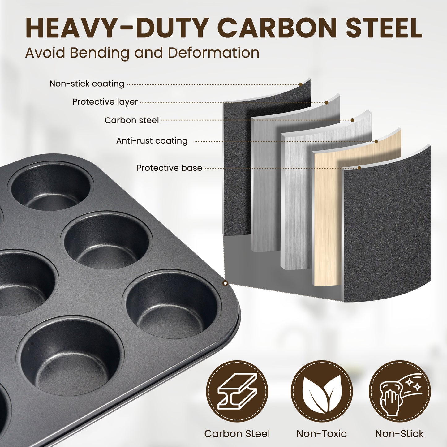 Kikcoin 2 Pack Muffin Baking Pan Set, Carbon Steel Non-stick Bakeware Set, 12-Cup Baking Sheets with 24 Silicone Cups, Round Cup Cake Oven Safe up to 446℉