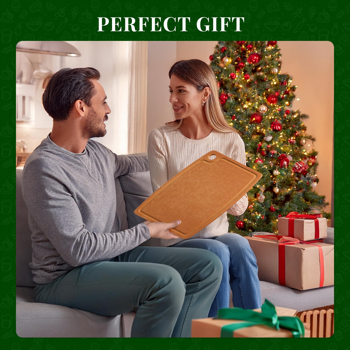 Wood Cutting Board, Cutting Boards for Kitchen Dishwasher Safe Non-slip Chopping Board with Juice Groove, Wood Fiber Composite Cutting Board with Hanging Hole, 14.6"*10.8", Kikcoin