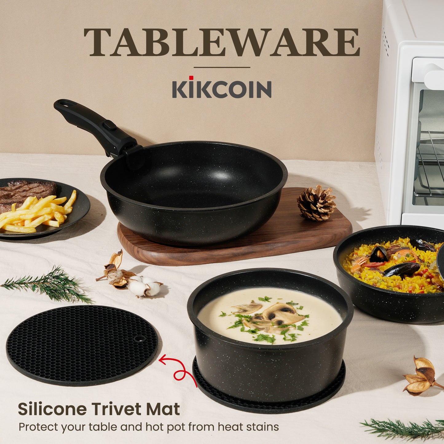 KIKCOIN 24 Pack Pots and Pans Set Non Stick, Detachable Handle Cookware Set, Induction RV Kitchen Cooking Set with Removable Handle, Frying Pans, Egg Pan - Dishwasher/Oven Safe, PFOA Free