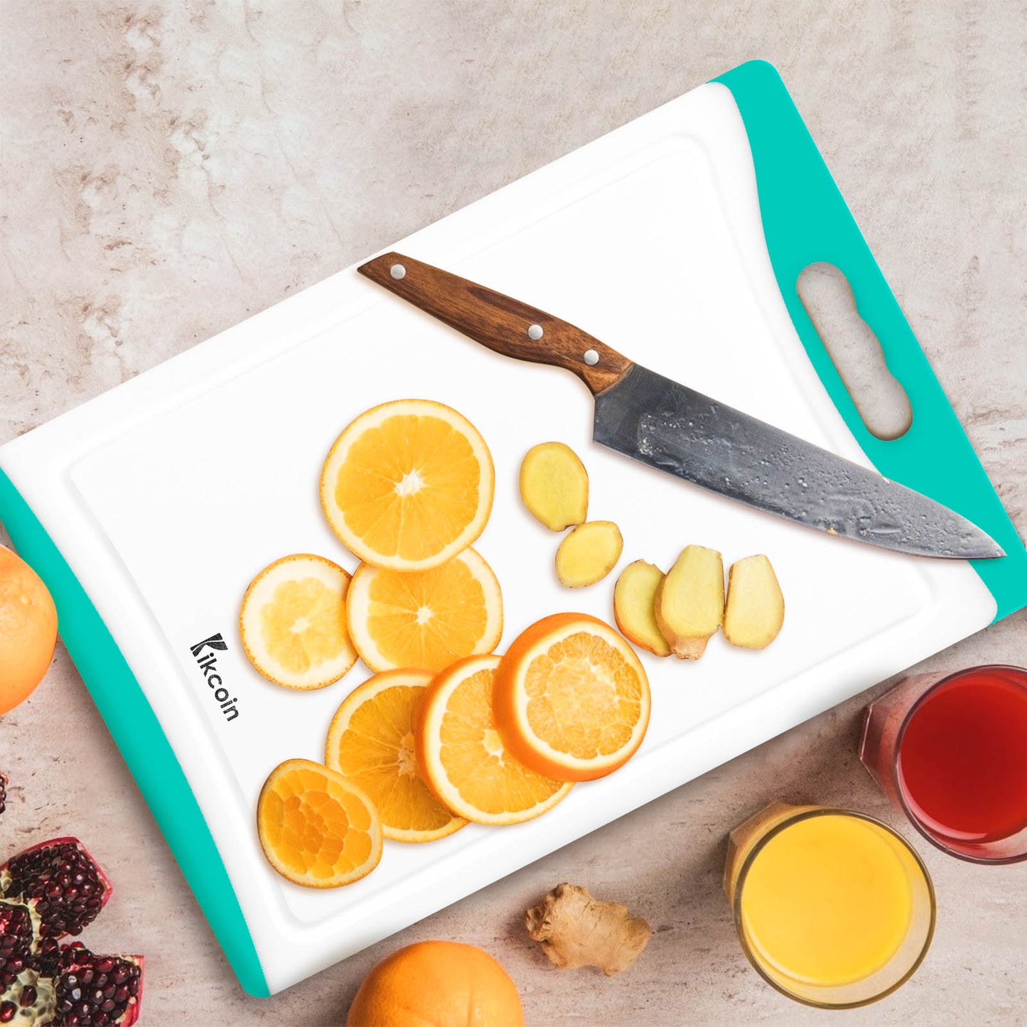 Kikcoin Extra Large Cutting Boards Set of 3, Plastic Chopping Boards with Juice Grooves, Rubber Grip Handle for Kitchen, Turquoise