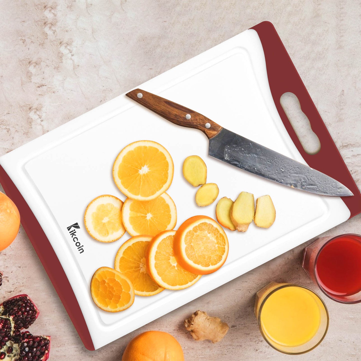 Kikcoin Extra Large Cutting Boards Set of 3, Plastic Chopping Boards with Juice Grooves,  Rubber Grip Handle for Kitchen, Red