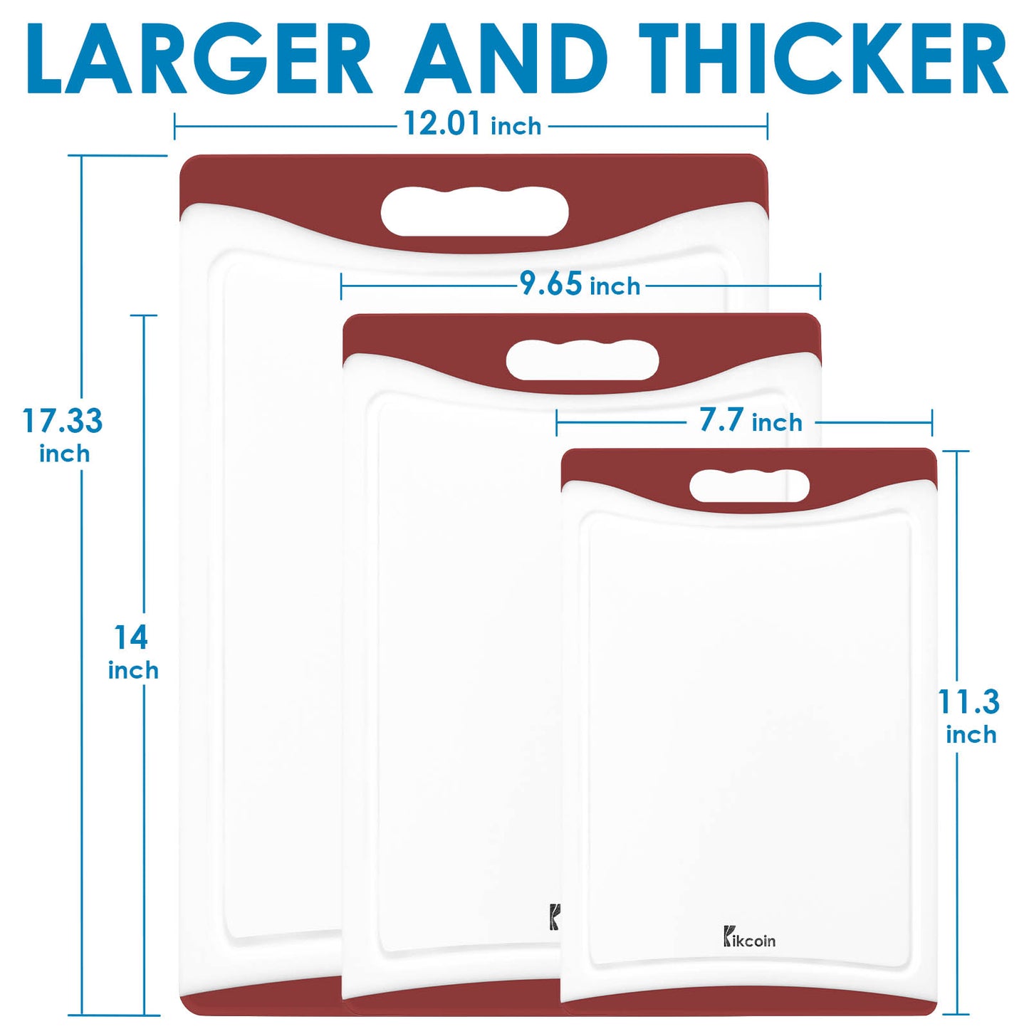 Kikcoin Extra Large Cutting Boards Set of 3, Plastic Chopping Boards with Juice Grooves,  Rubber Grip Handle for Kitchen, Red