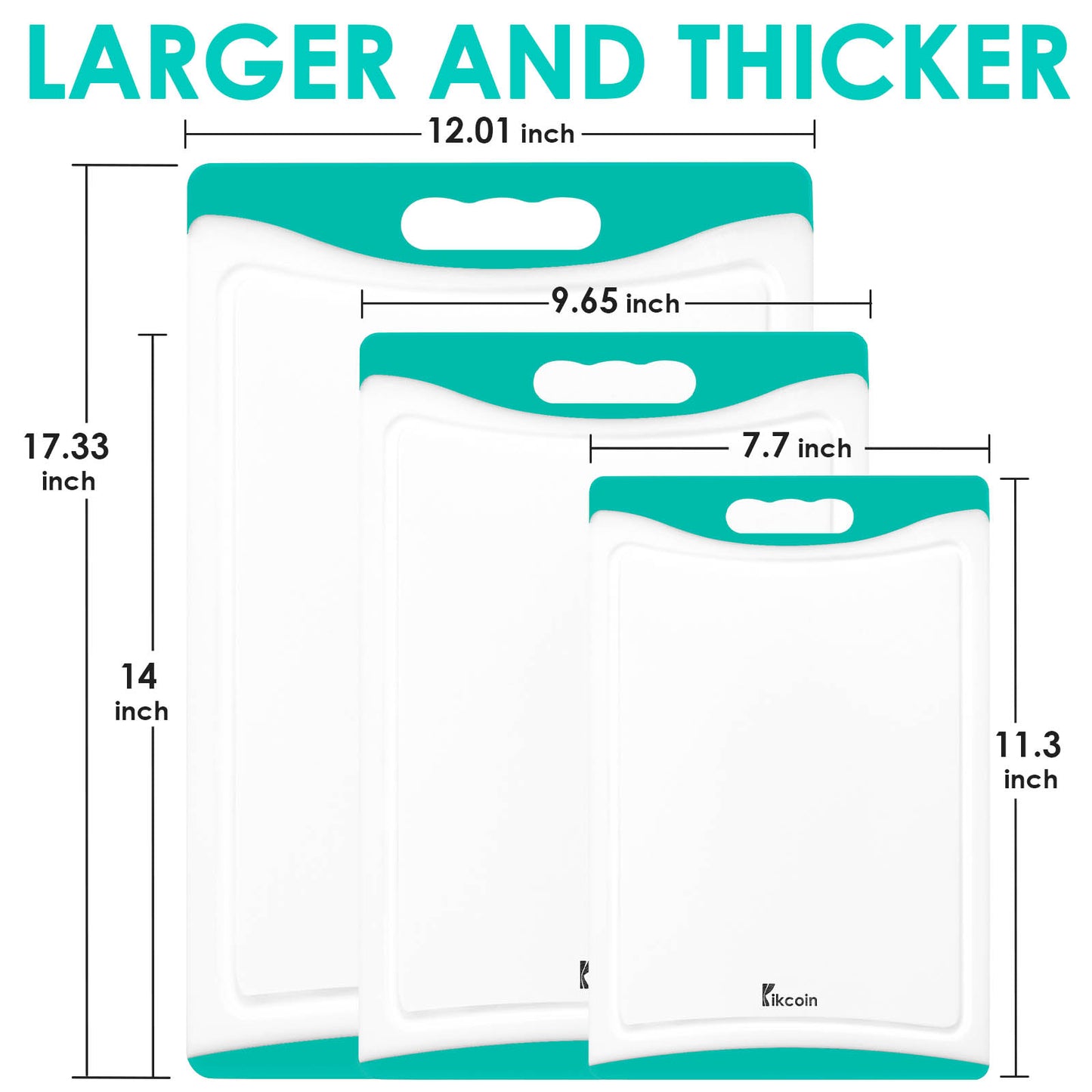 Kikcoin Extra Large Cutting Boards Set of 3, Plastic Chopping Boards with Juice Grooves, Rubber Grip Handle for Kitchen, Turquoise