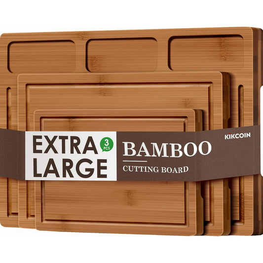 Kikcoin Cutting Board, 3-Piece Extra Large Bamboo Chopping Boards for Kitchen, Heavy Duty Wooden Serving Tray with Juice Groove, Brown