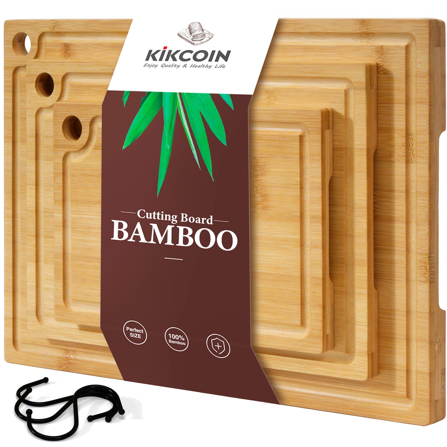 Kikcoin Bamboo Cutting Board, 3 Pcs Cutting Board with 3 Hooks, Wood Chopping Boards for Kitchen, Deep Juice Groove for Vegetables and Meat