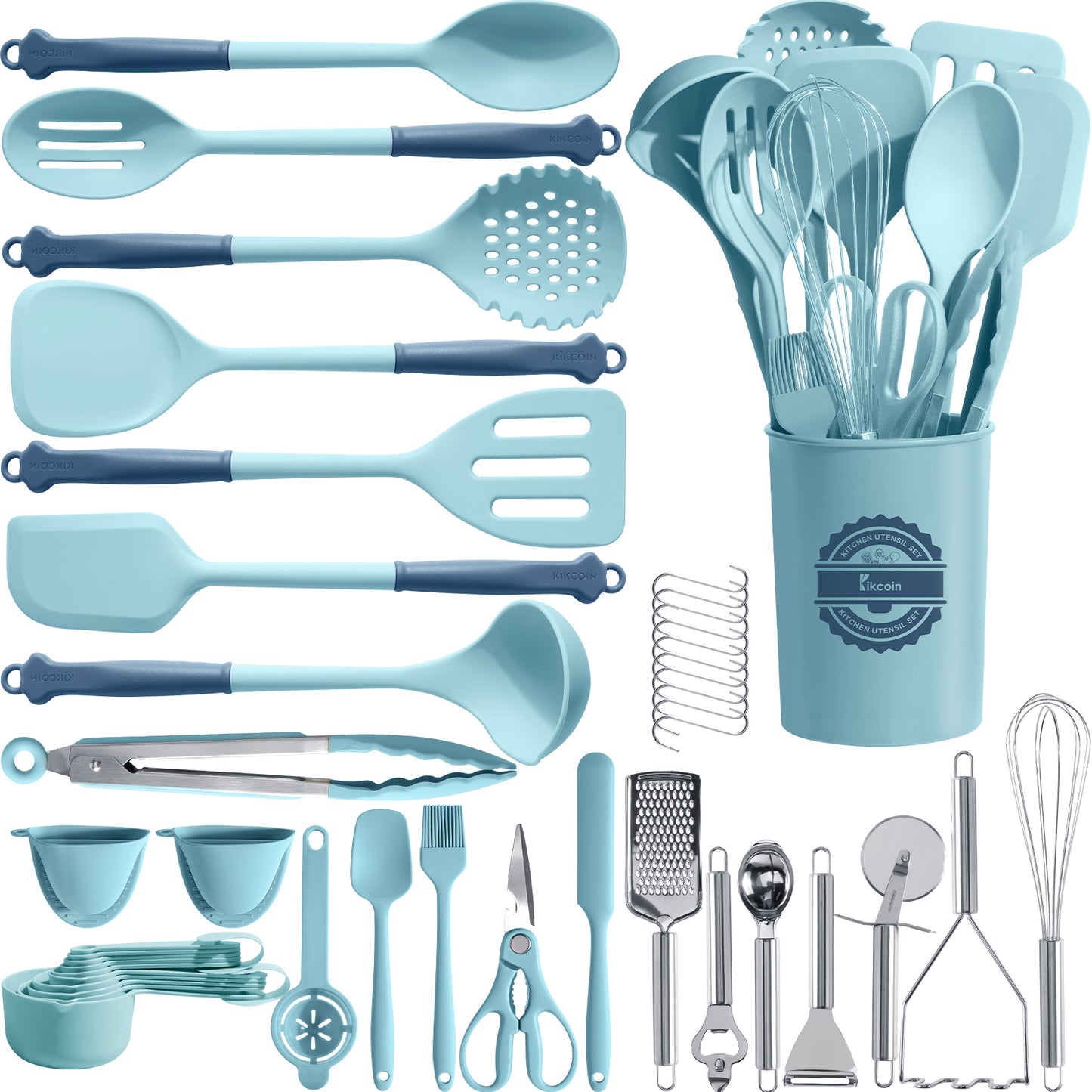 Kikcoin 43Pcs Large Kitchen Utensils Set - Silicone Cooking Utensils Set, Dishwasher Safe Spatula Set for Non-stick Cookware, 446°F Heat Resistant Kitchen Utensils Set with Holder BPA Free, Blue