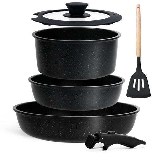 Kikcoin Pots and Pans Set, 6 Pcs Nontoxic Cookware Set for Kitchen, Detachable Handle Dishwasher/Oven Safe, Black