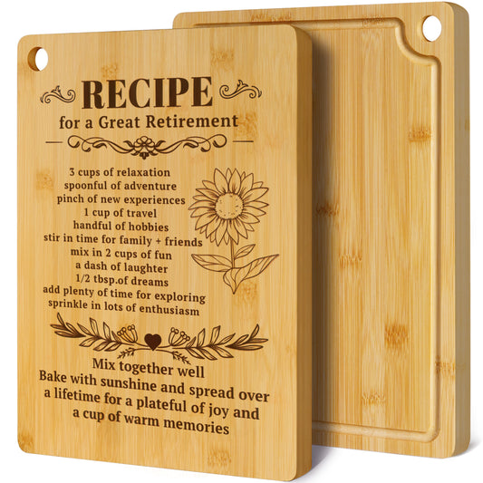 Kikcoin Bamboo Cutting Board, 13.78" Engraved Gift Cutting Board for Retirement, Thanksgiving, Christmas, Retirement Gifts - Recipe for a Great Retirement