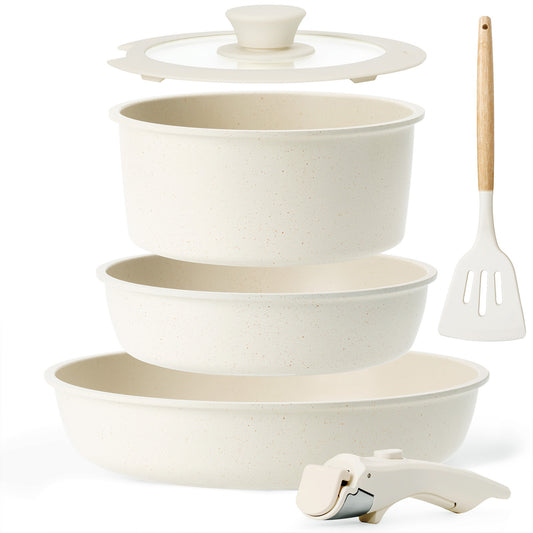 Kikcoin Pots and Pans Set, 6 Pcs Nontoxic Cookware Set for Kitchen, Detachable Handle Dishwasher/Oven Safe, Cream White