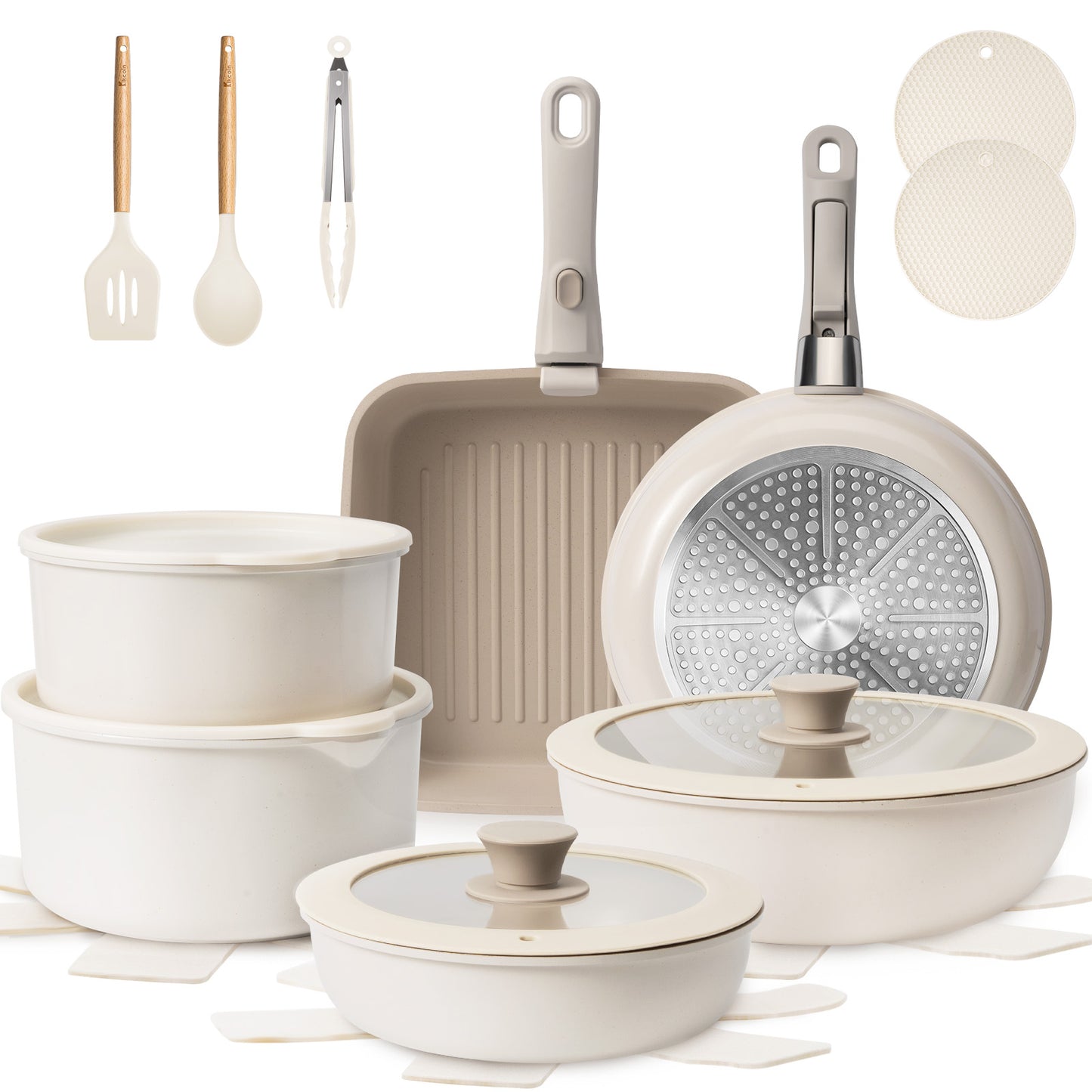 πππππππΎπ 22 Pcs Pots and Pans Set Non Stick, Detachable Handle Cookware Sets Nonstick, Non Toxic Induction RV Kitchen Cooking Set with Removable Handles, Dishwasher/Oven Safe (Beige/Taupe)