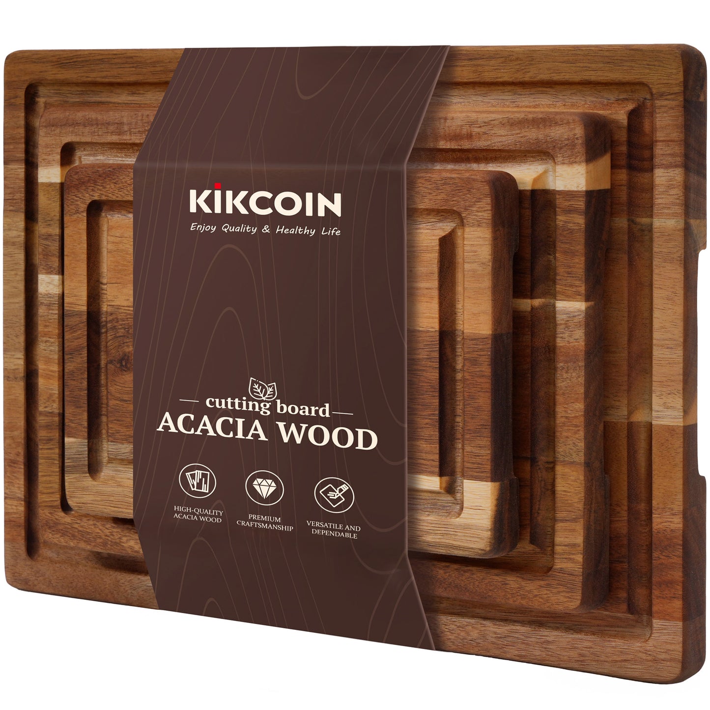 Kikcoin Acacia Wood Cutting Board, Cutting Board Set of 3 with Juice Groove, Wooden Chopping Boards for Kitchen, for Meat & Vegetables