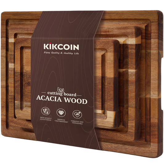 Kikcoin Acacia Wood Cutting Board, Cutting Board Set of 3 with Juice Groove, Wooden Chopping Boards for Kitchen, for Meat & Vegetables