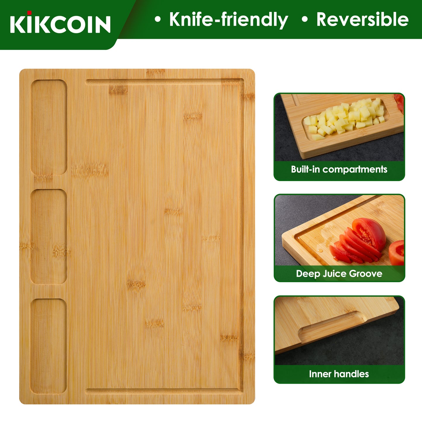 Kikcoin Cutting Board Set of 3, Bamboo Cutting Boards for Kitchen with Juice Groove and 3 Built-In Compartments, Heavy Duty Wooden Chopping Board