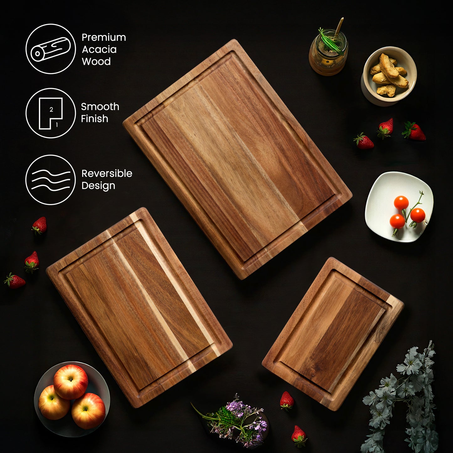 Kikcoin Acacia Wood Cutting Board, Cutting Board Set of 3 with Juice Groove, Wooden Chopping Boards for Kitchen, for Meat & Vegetables