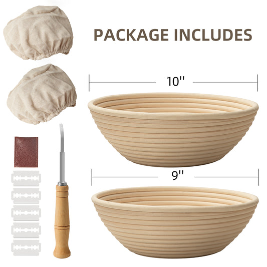Bread Proofing Basket, Kikcoin Banneton Bread Proofing Basket Set of 2, 9 Inch & 10 Inch Round Sourdough Proofing Basket with Linen Liner, Bread Lame