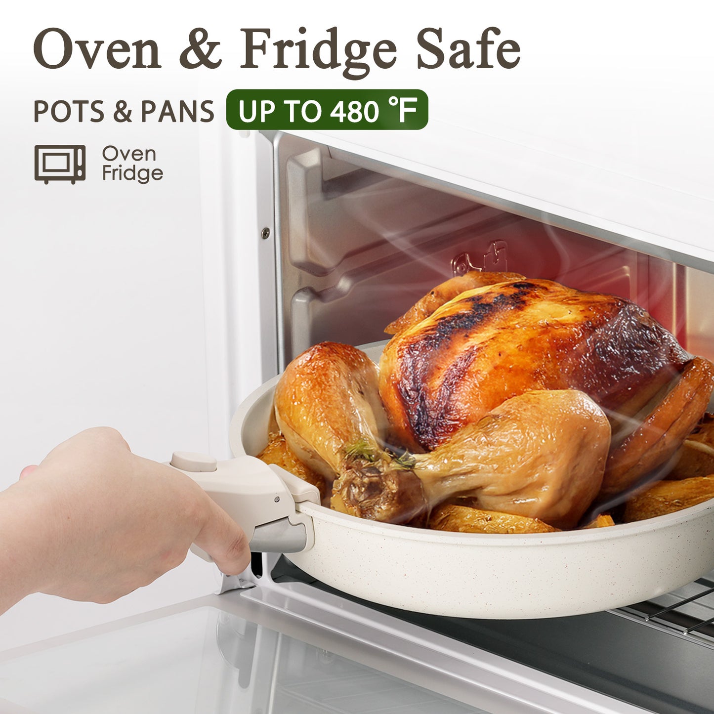 Kikcoin Pots and Pans Set, 6 Pcs Nontoxic Cookware Set for Kitchen, Detachable Handle Dishwasher/Oven Safe, Cream White