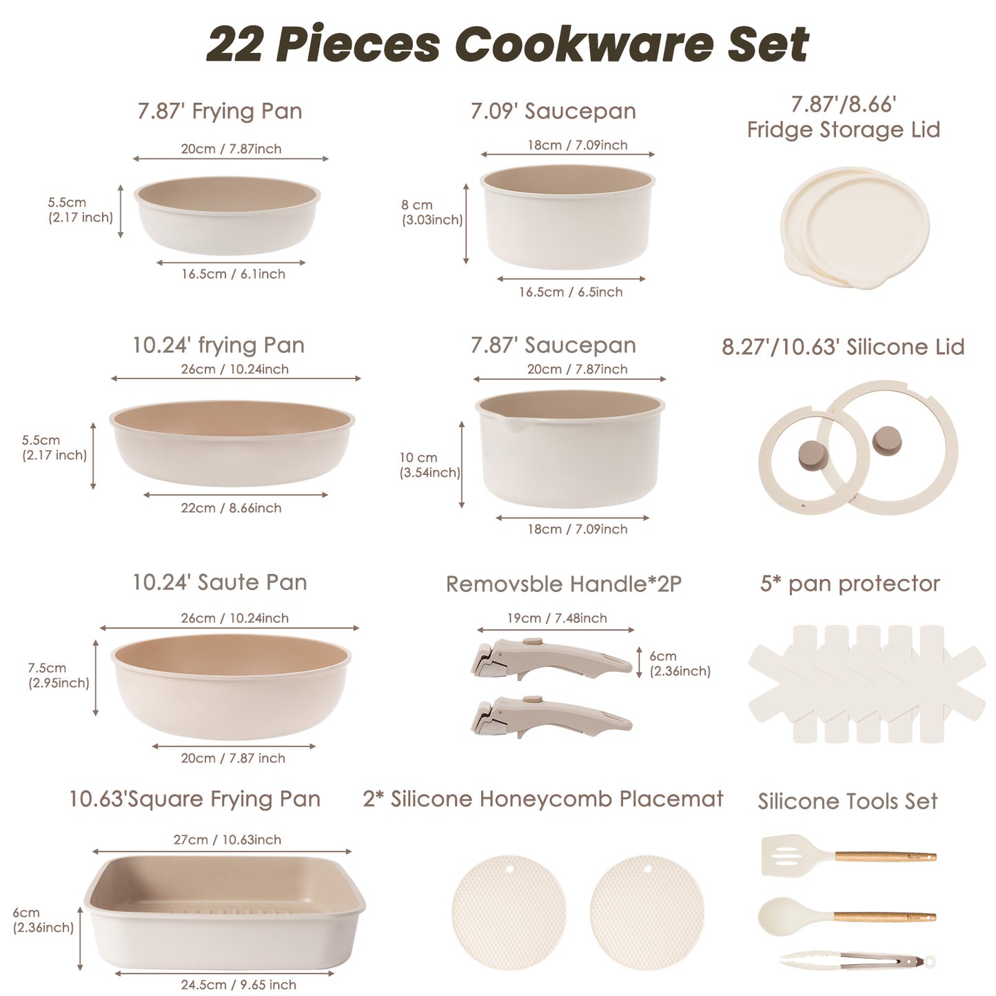 Kikcoin 22 pieces Pots and Pans Set Non-toxic, Nonstick Cookware Set with Detachable Handles, Dishwasher Safe(Beige)