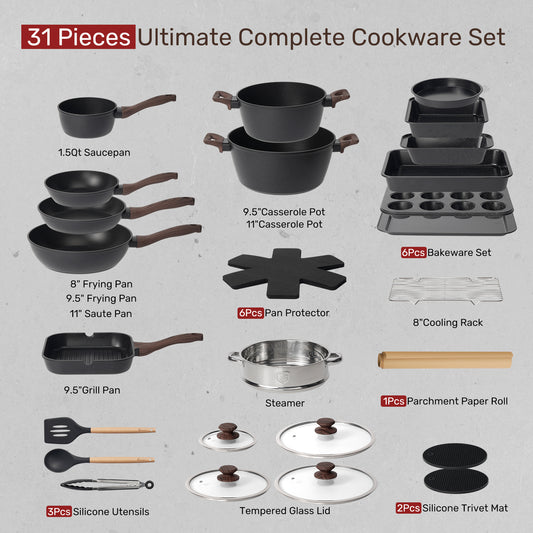 Kikcoin Pots and Pans Set Non Stick 31 Piece Kitchen Nonstick Cooking Cookware Sets with Grill Pan Saucepan Baking Sheet Utensil