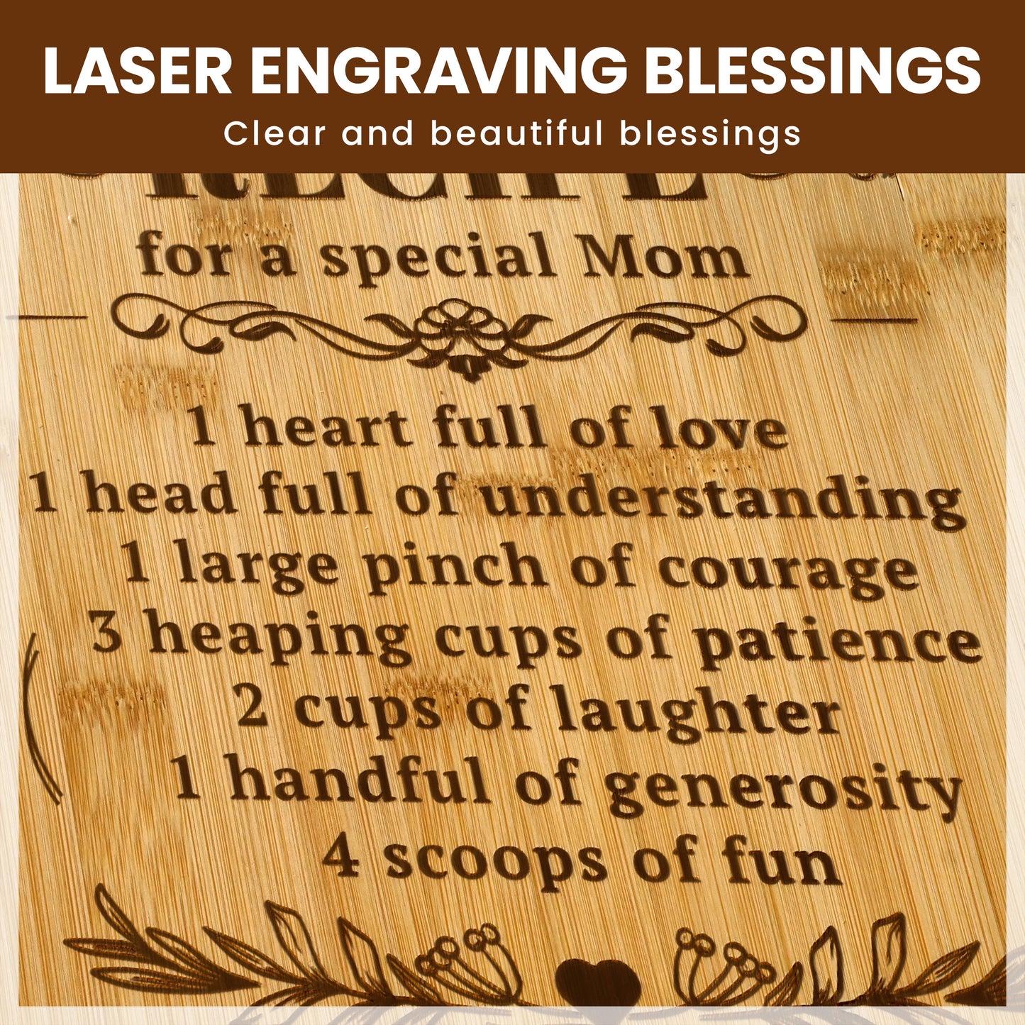 Kikcoin Cutting Board, 13.8" Engraved Gift for Mom, Bamboo Chopping Board for Kitchen, Mother's Day, Thanksgiving, Christmas Gift – Recipe for a Special Mom