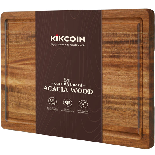 Kikcoin Acacia Wood Cutting Board, 15"x 10" Solid Cutting Board with Juice Grooves & Side Handles, Natural Wood Chopping Board for Kitchen, Serving Tray