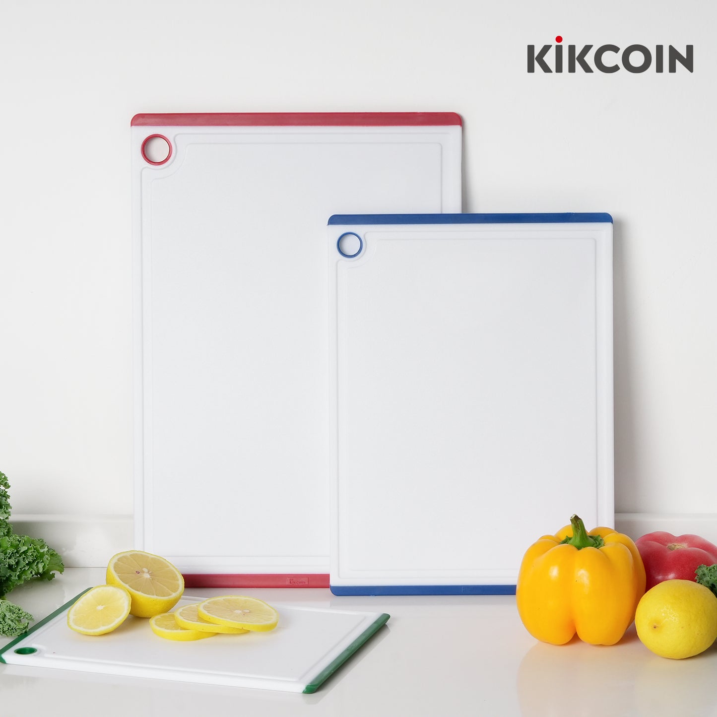 Kikcoin 3-Piece Plastic Large Cutting Boards Set for Kitchen, Non-slip Feet and Juice Grooves, Multicolor